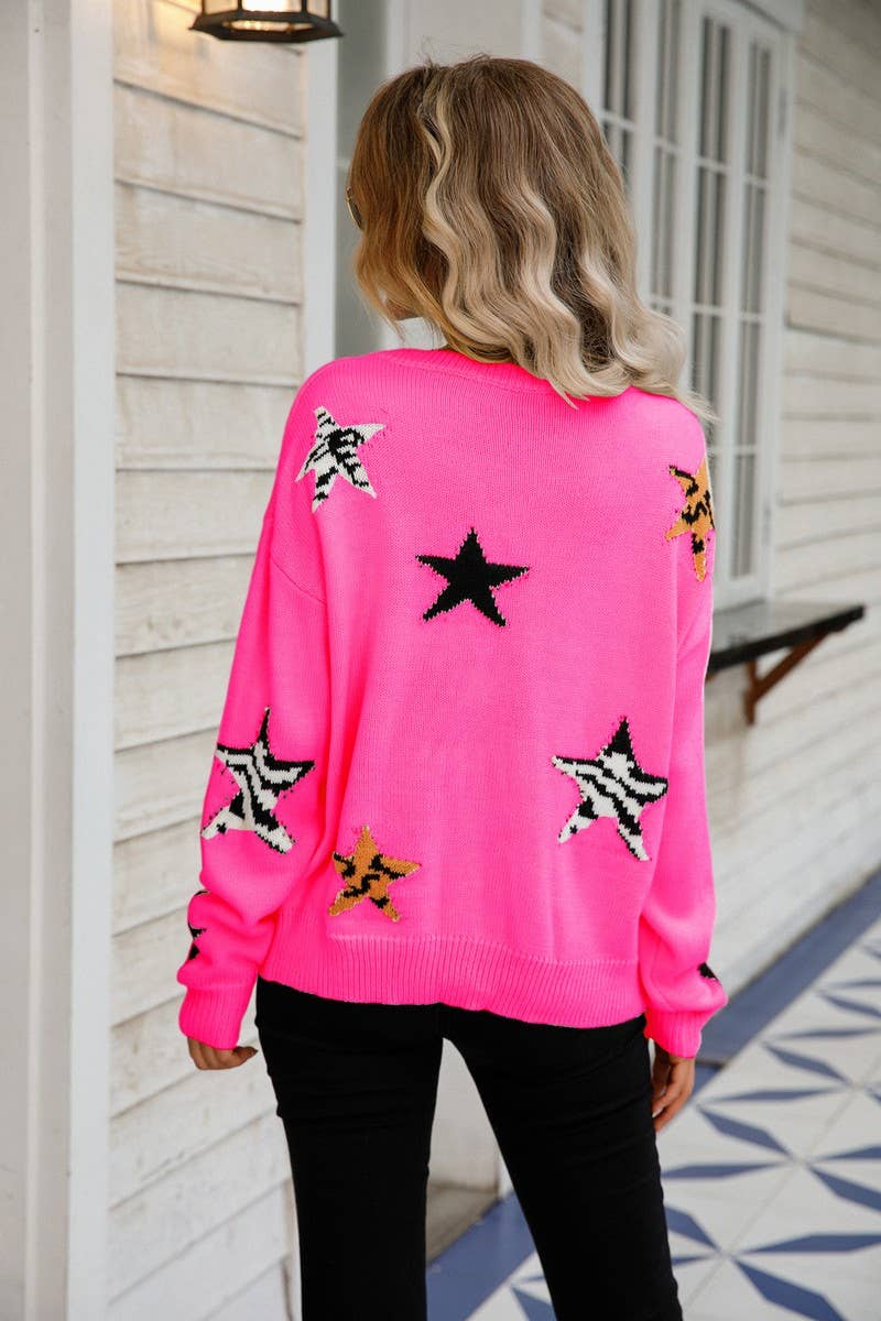 CWOSWL3149_ROUND NECK STAR LONG SLEEVE KNIT SWEATER