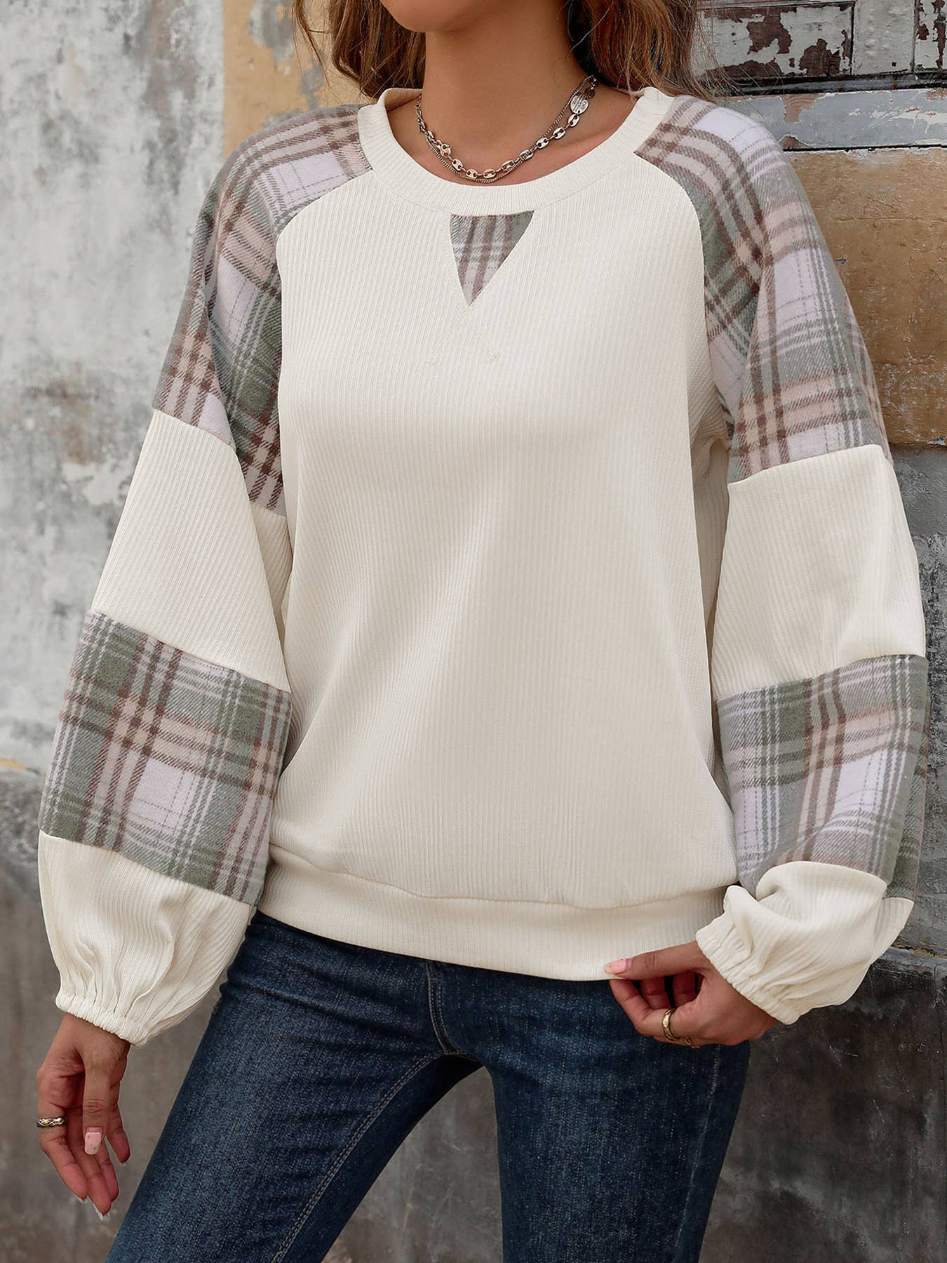Casual loose plaid color matching round neck hoodie