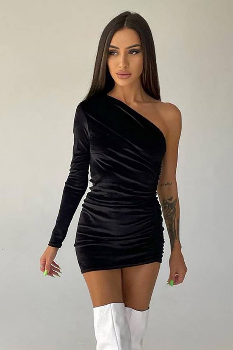 CWDSD7463_SLIM ONE SHOULDER LONG SLEEVE HIP DRESS