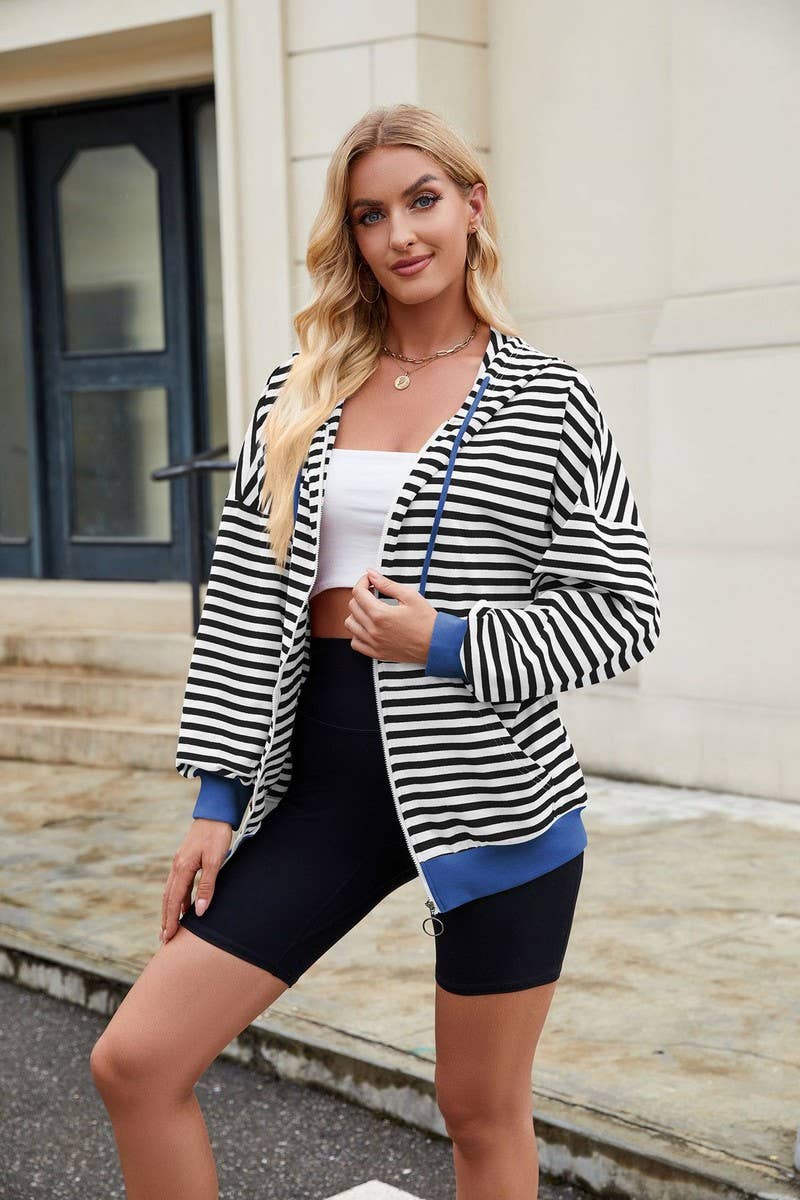 CWOCO0879_CASUAL CONTRAST STRIPE HOODED ZIP-UP SWEATSHIRT