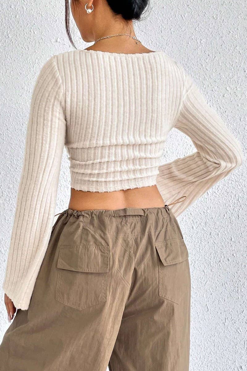 CWTBLL2747_SOLID COLOR SQUARE NECK FLARED LONG SLEEVE TOP