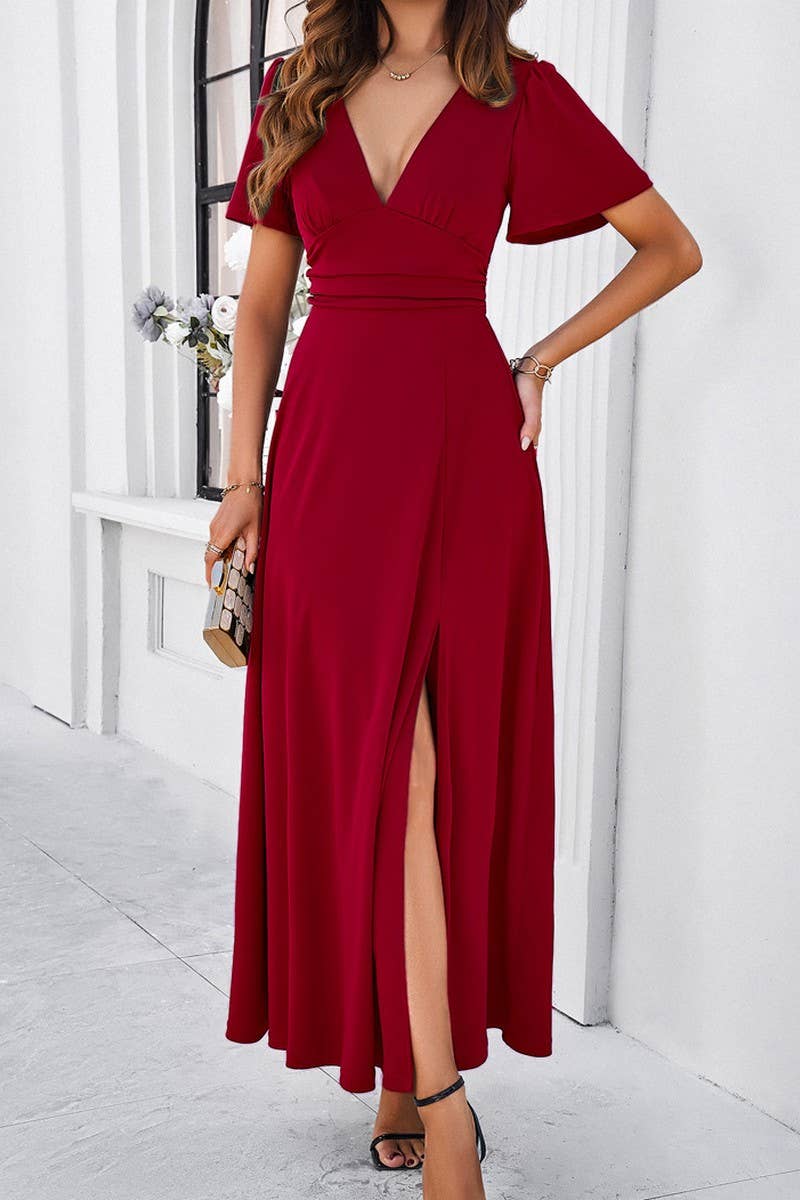 CWDMD1333_V-Neck Short Ruffle Sleeve Maxi Dress