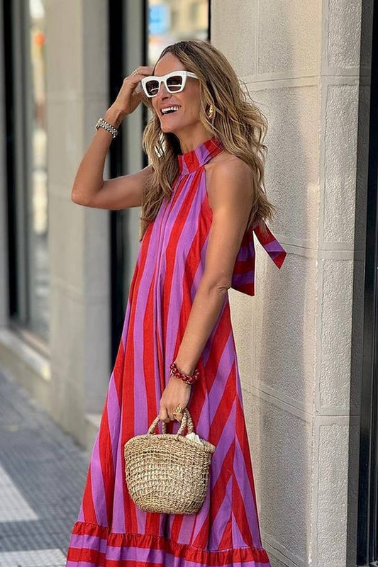 CWDHL0988_HALTER NECK OPEN BACK STRIPED PRINT MAXI DRESS