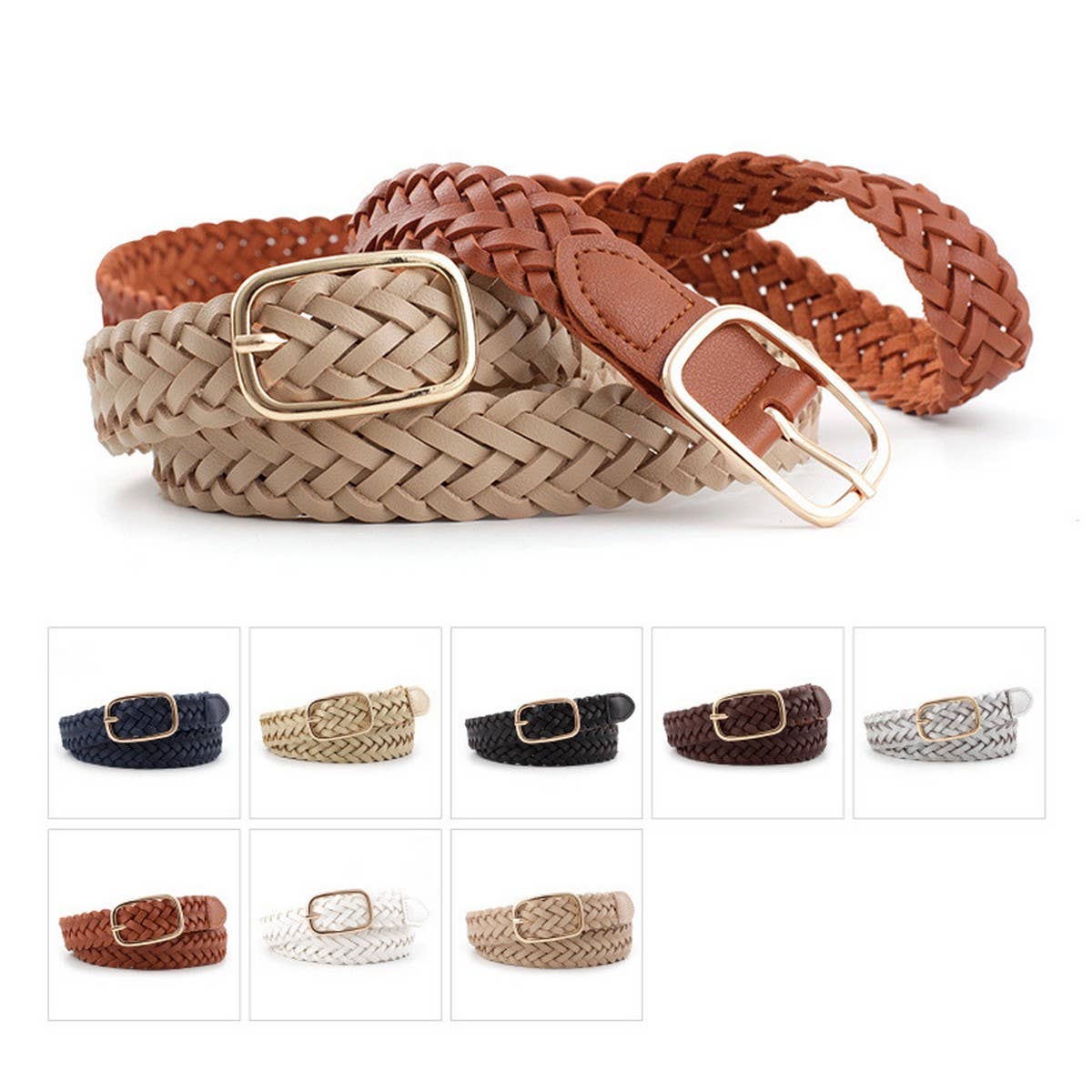 CWABE0385_SQUARE BUCKLE HANDWOVEN THIN BELT FOR WOMEN