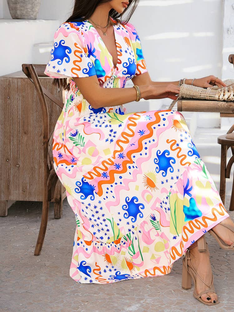 Bohemian Floral V-Neck High-Waist Dress