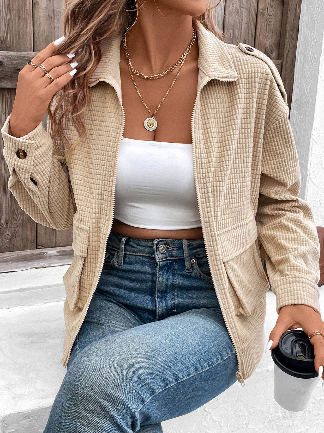 Casual textured fashionable solid-color coat