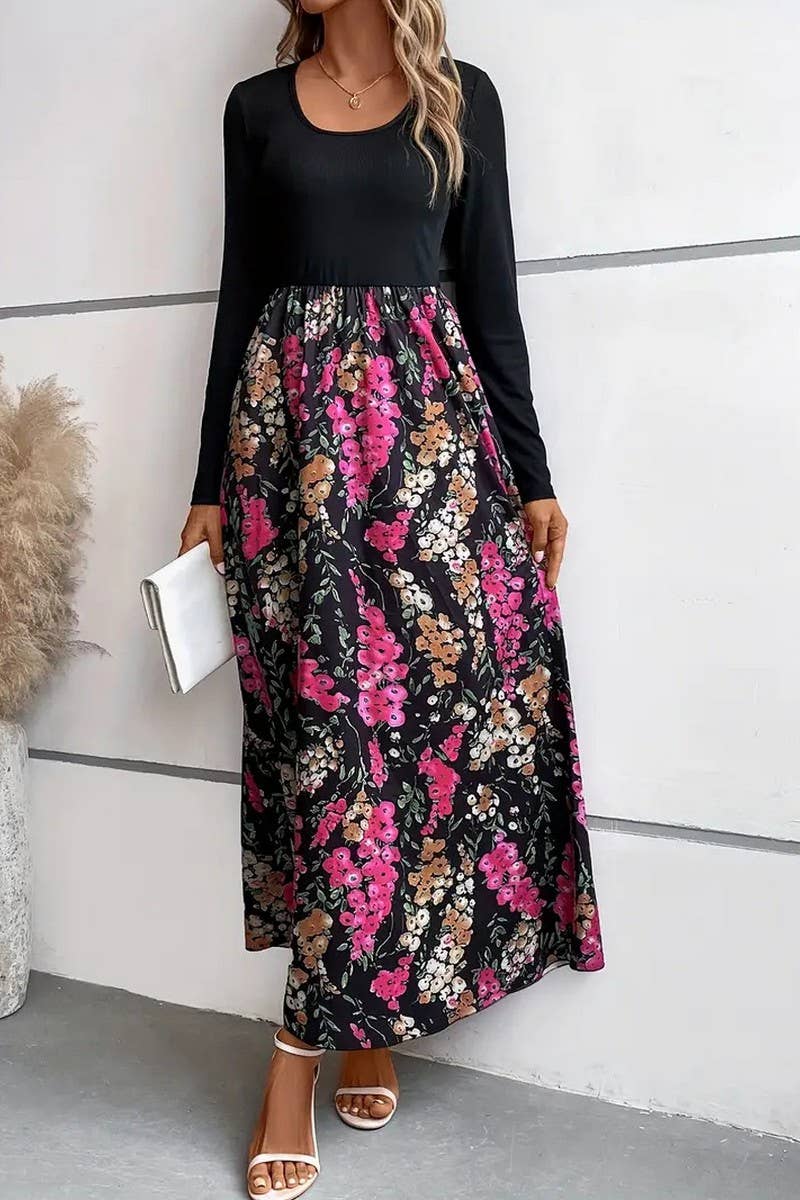 CWDMD01206_FLORAL PRINT COLORBLOCK LONG-SLEEVED DRESS