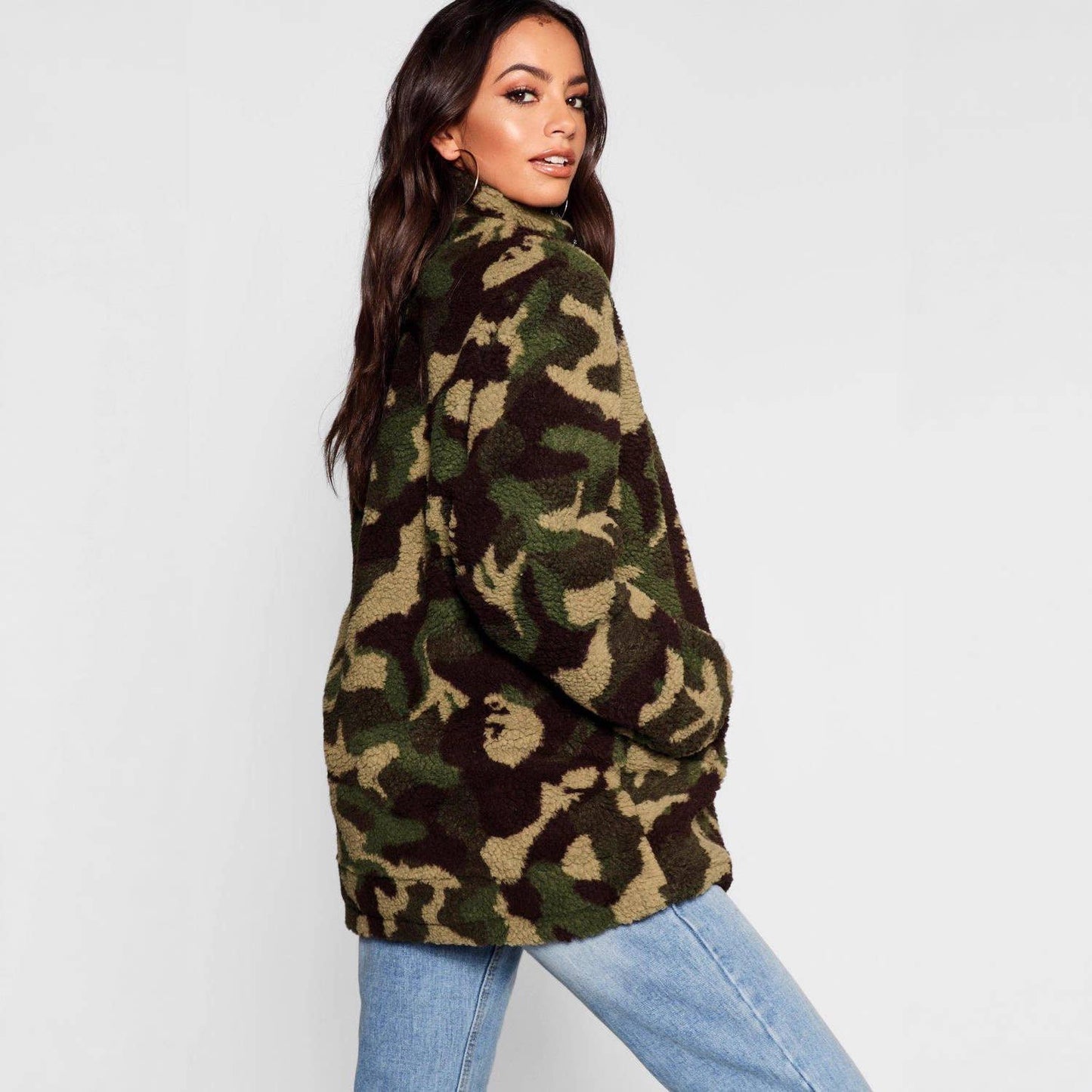 Camouflage fleece double-sided funnel neck coat
