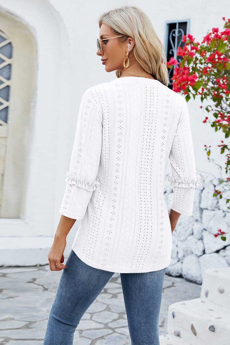 CWTTS0763_3/4 Sleeve Ruffle Detailed V-Neck  Blouse