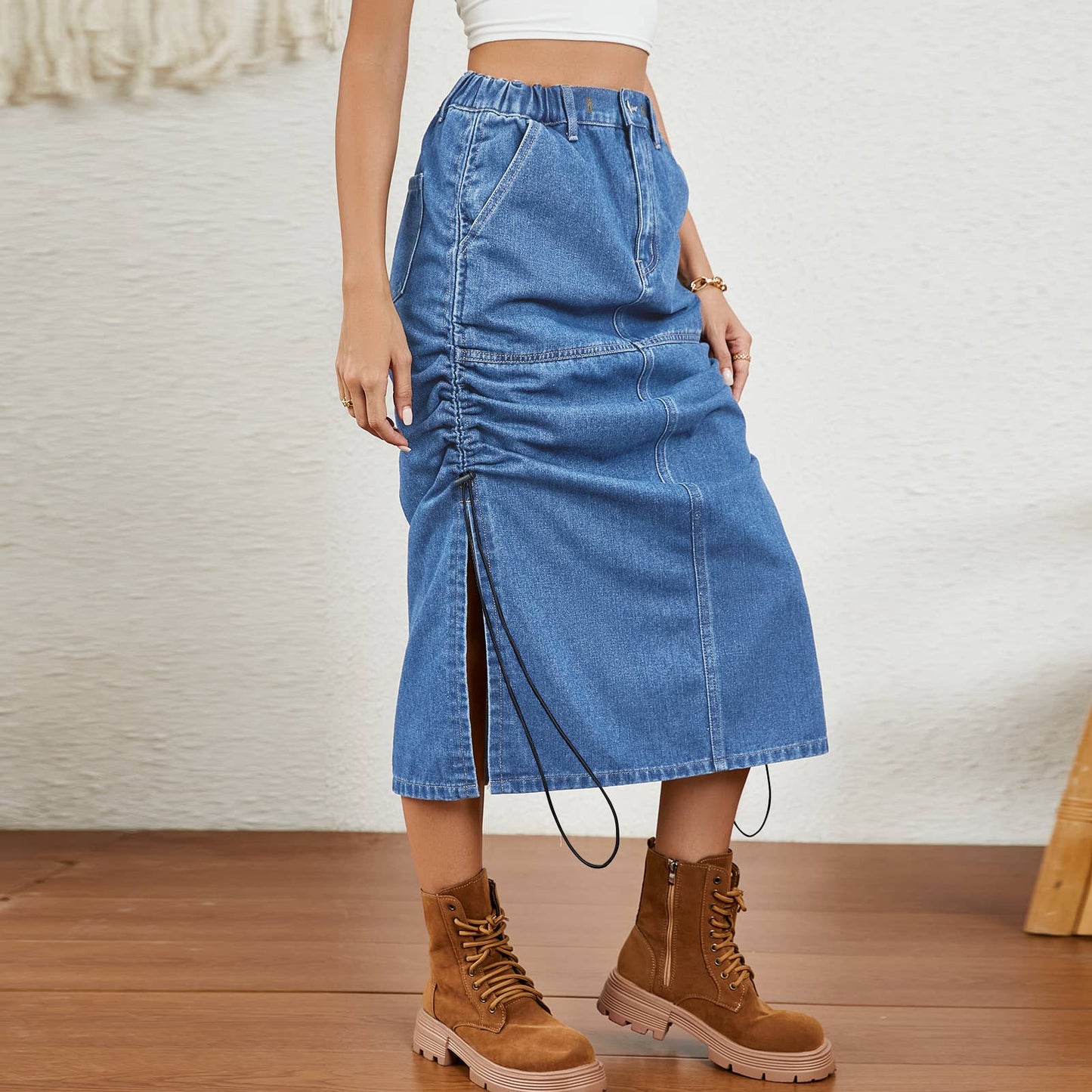 ELASTIC-WAISTED DRAWSTRING DENIM SKIRT
