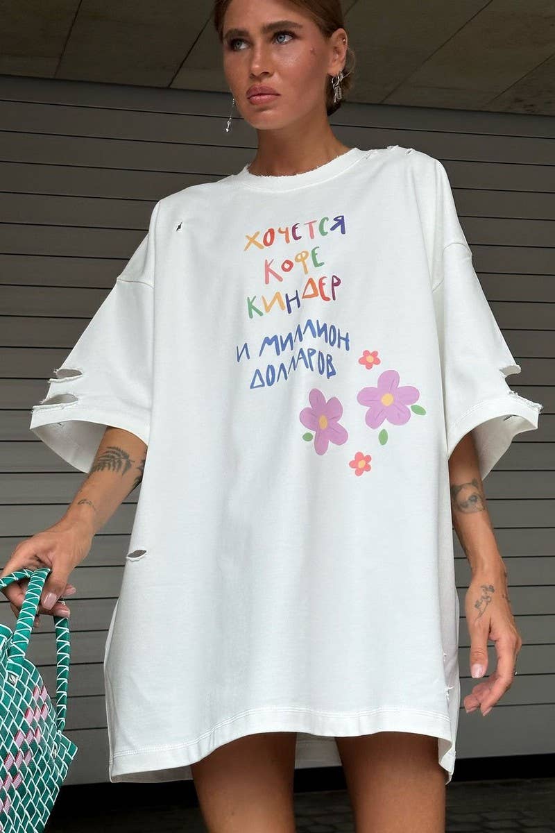 CWTTS1576_LETTERING LOOSE LAZY CASUAL MID-LENGTH T-SHIRT