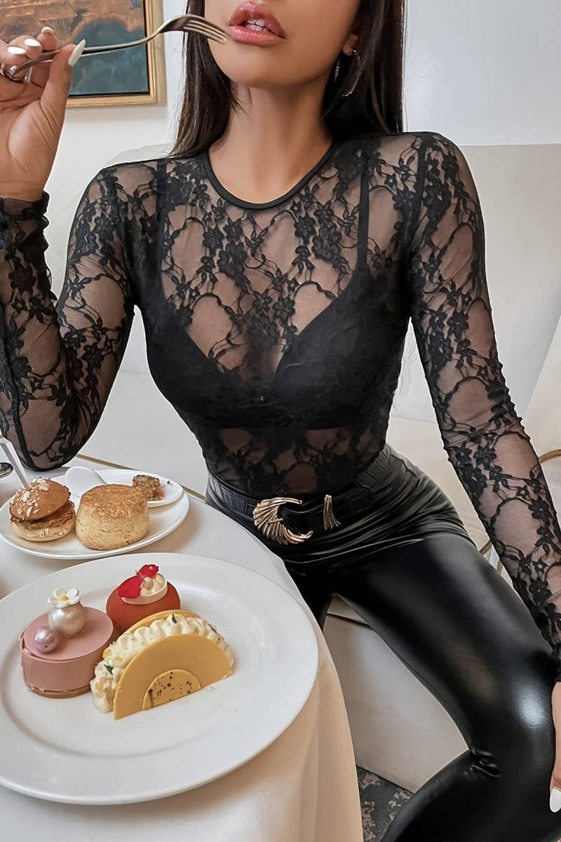 CWTBLL3493_SINGLE-LAYER LACE ROUND NECK LONG-SLEEVED TOP