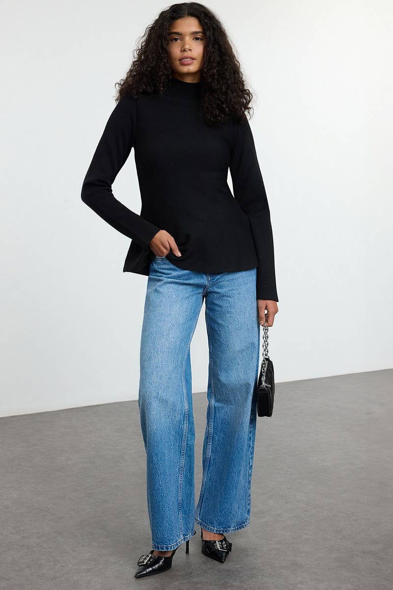 CWOSWL6956_SOLID COLOR HALF-HIGH COLLAR KNITTED SWEATER