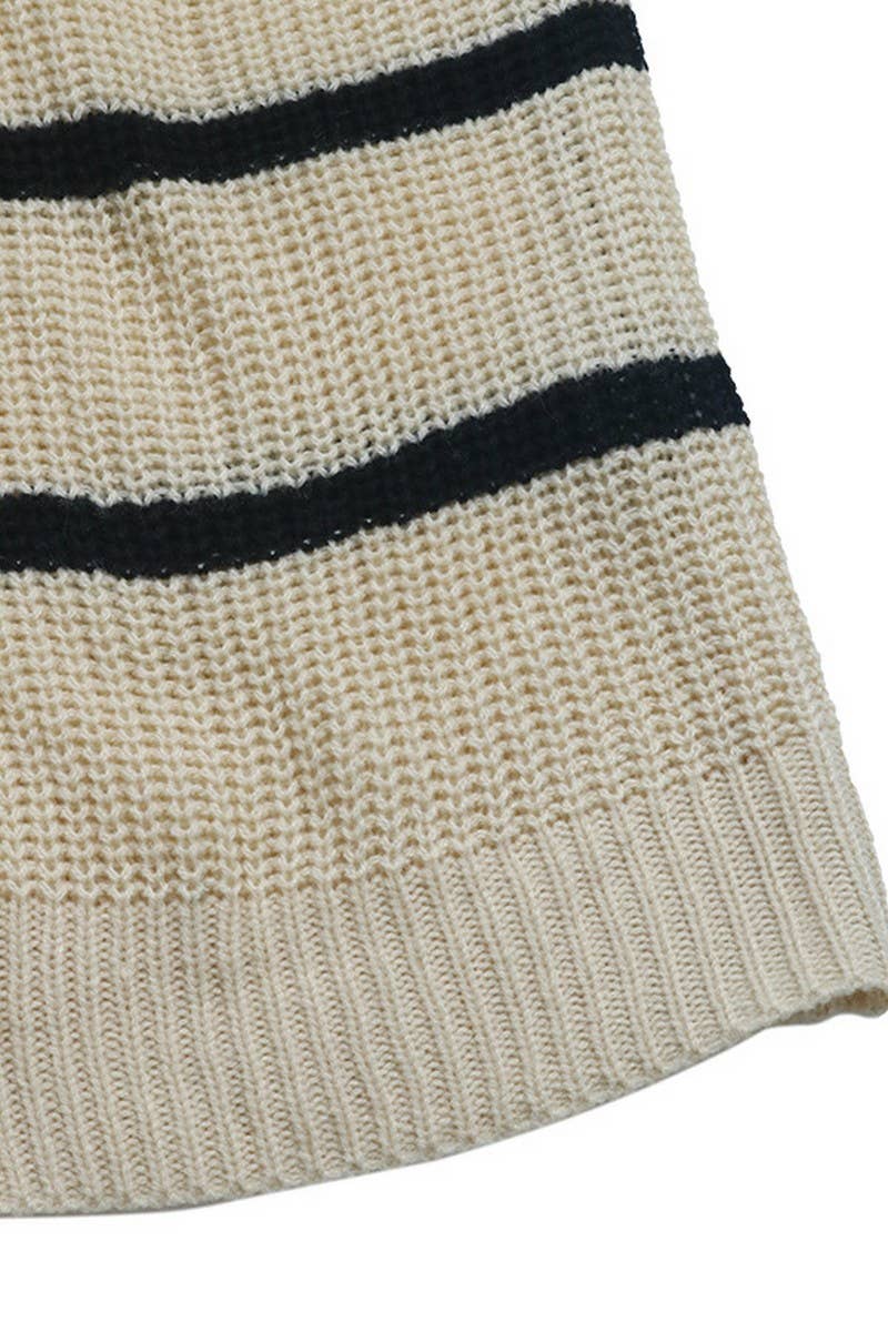 CWOCAL1137_STRIPED LOOSE MID-LENGTH KNITTED CARDIGAN SWEATER