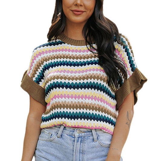 COLOR-MATCHING KNITTED SHORT-SLEEVED T-SHIRT
