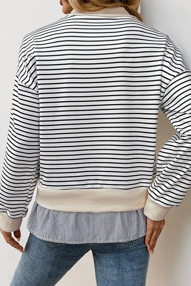 CWTBLL3741_ROUND NECK STRIPED PATCHWORK FAKE TWO-PIECE TOP