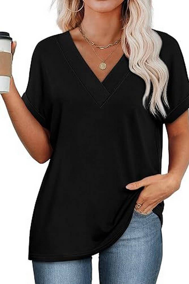 CWTBLS2191_SOLID V-NECK LOOSE BATWING SLEEVE CROP TEE