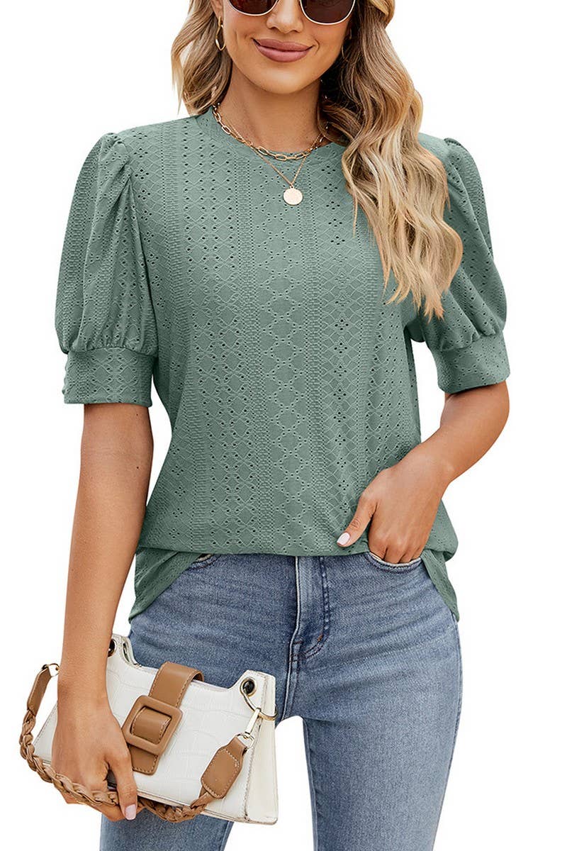 CWTBLS0615_ HOLLOW PUFF SLEEVES SHORT SLEEVED BLOUSE TOP