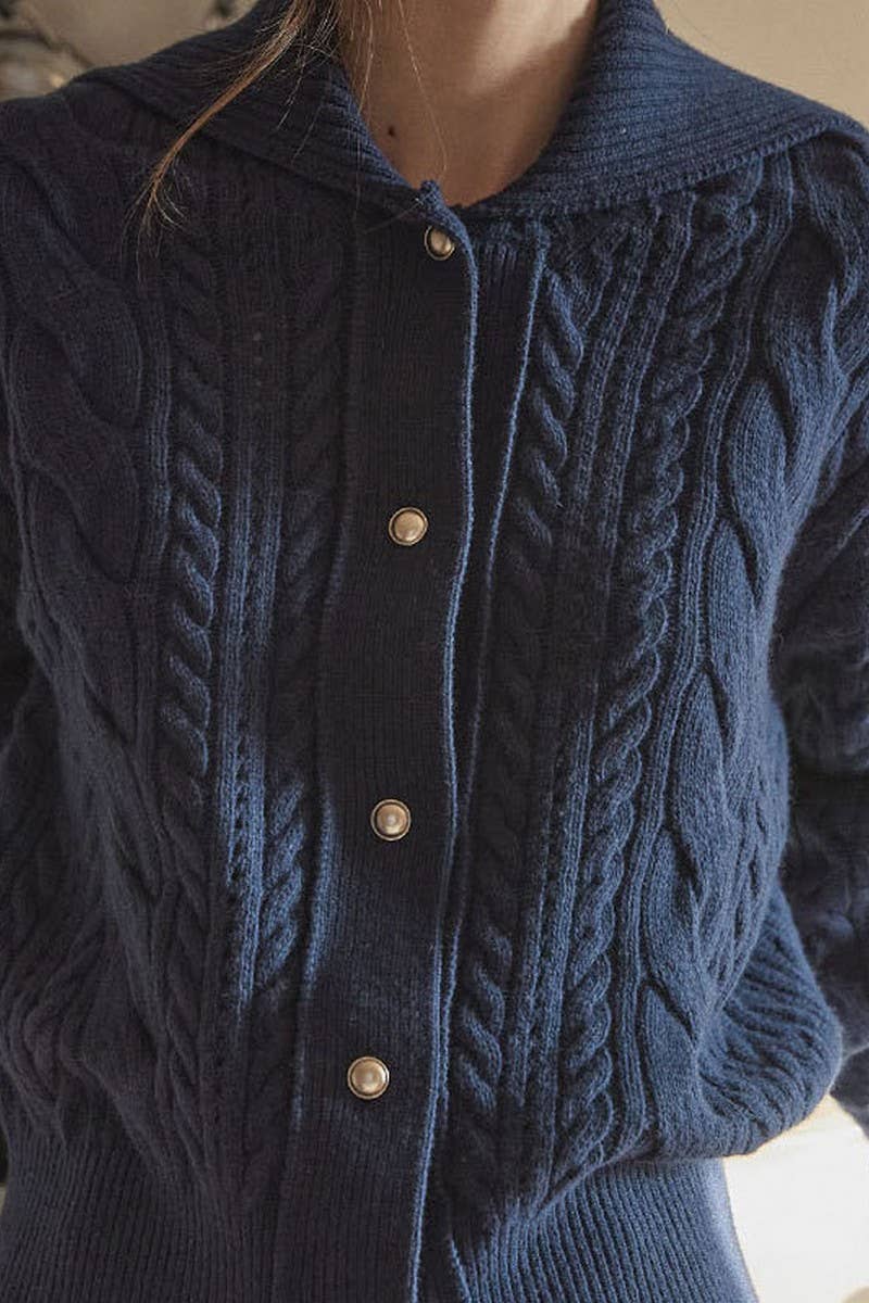 CWOCAL1812_NAVY COLLAR LONG SLEEVE TWIST BUTTON CARDIGAN