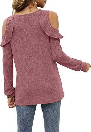 CREW-NECK, OFF-SHOULDER, RUFFLED CASUAL SWEATER