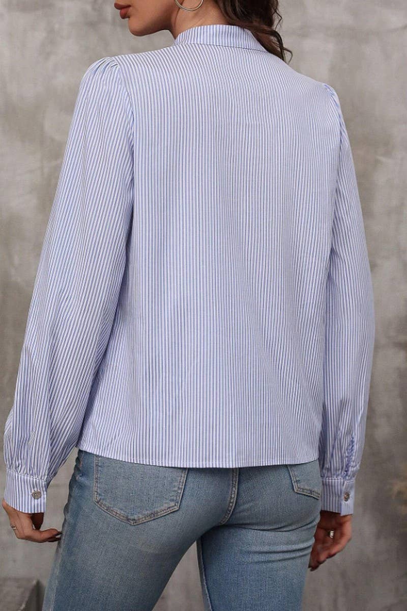 CWTSTL2886_STRIPED V-NECK TIE FRONT BUTTON LONG SLEEVE SHIRT