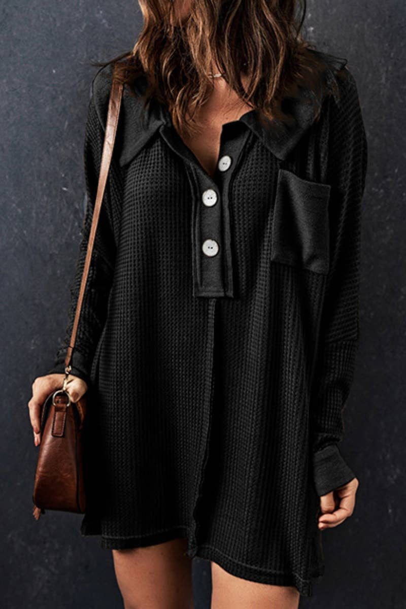 CWOSWL6707_WAFFLE BUTTON POCKET LONG SLEEVE BLOUSE