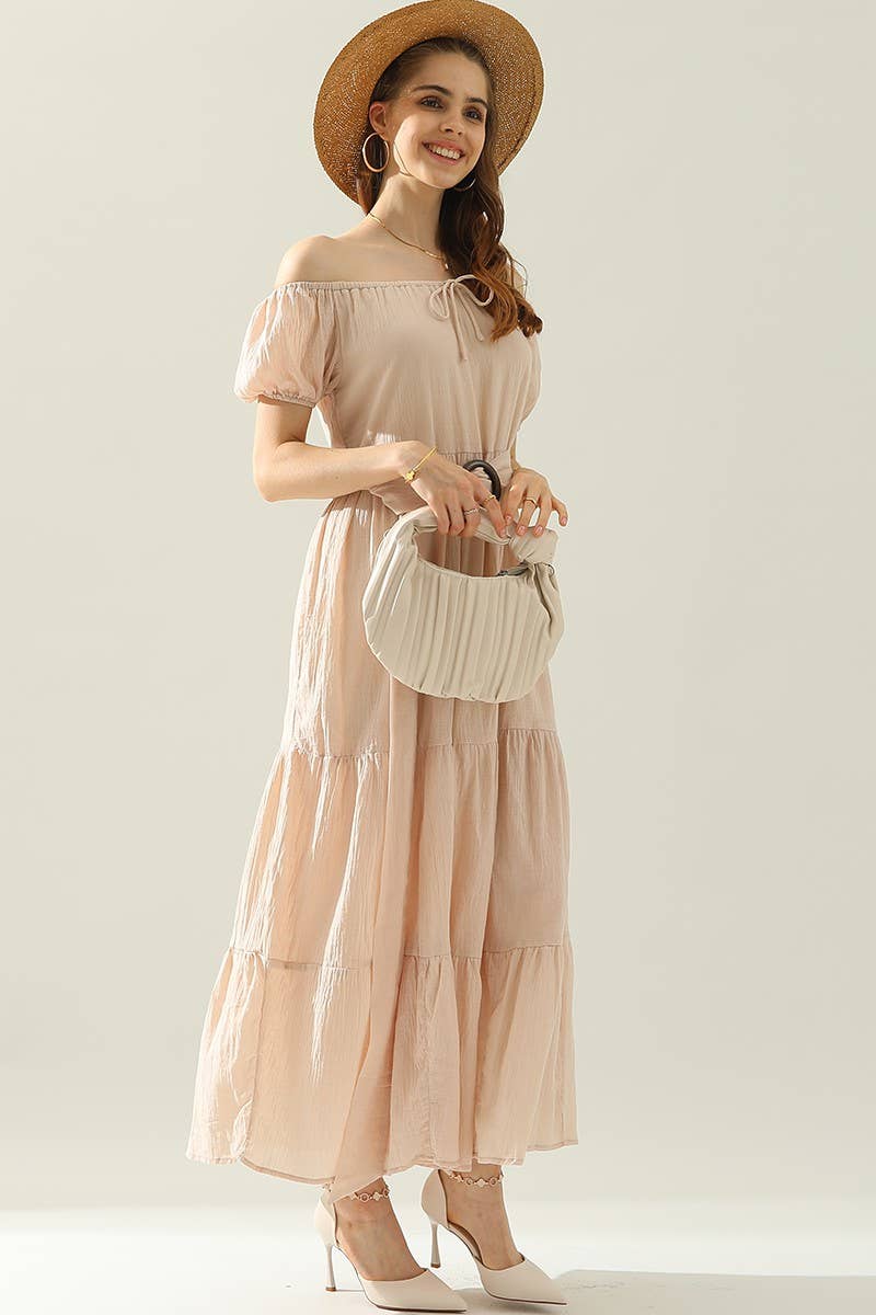 CWDMD812-P_TIERED OFF SHOULDER SHORT SLEEVE MAXI DRESS