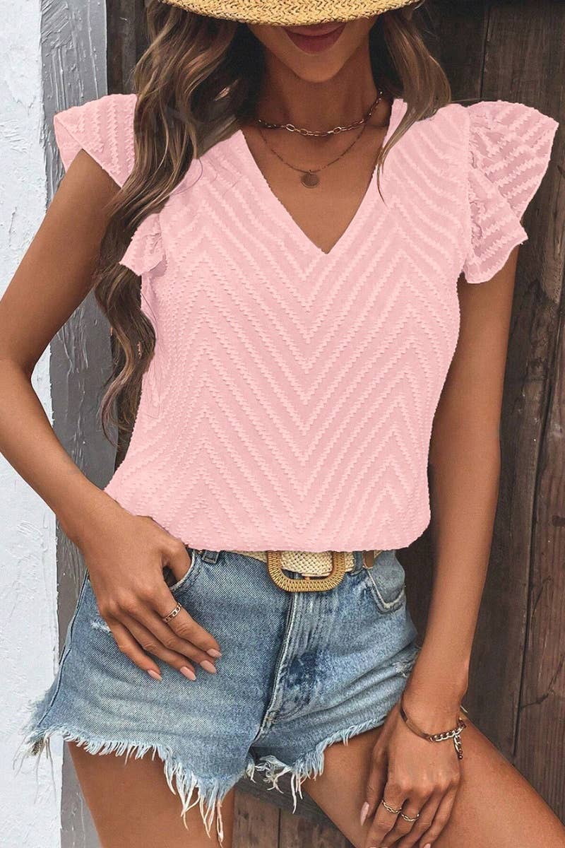 CWTBLSL0246_WOMEN'S CHIFFON V-NECK JACQUARD SLEEVELESS TOP