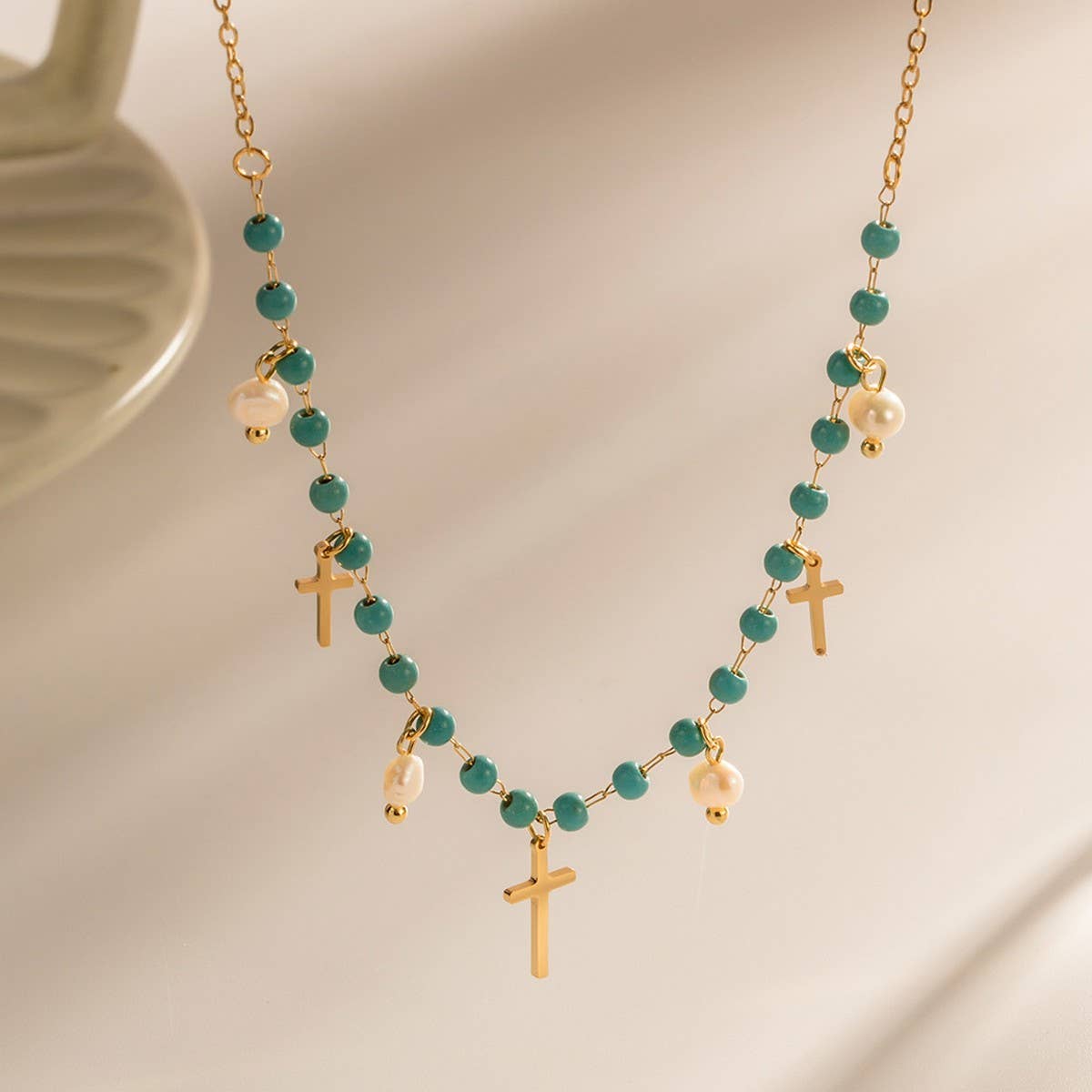 NEW BLUE CROSS PEARL NECKLACE