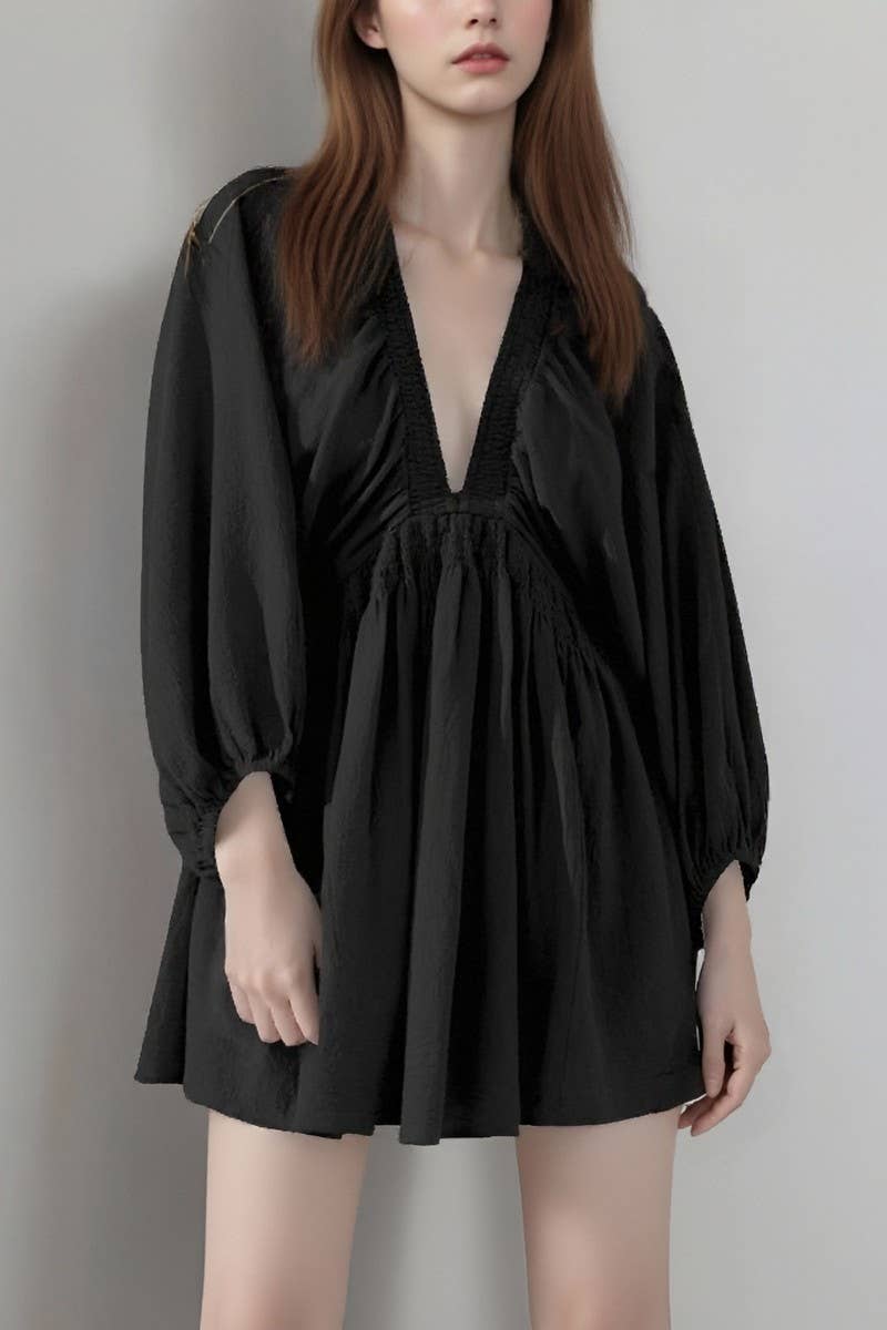 CWDSD8849_V-NECK LONG SLEEVE A-LINE PLEATED DRESS