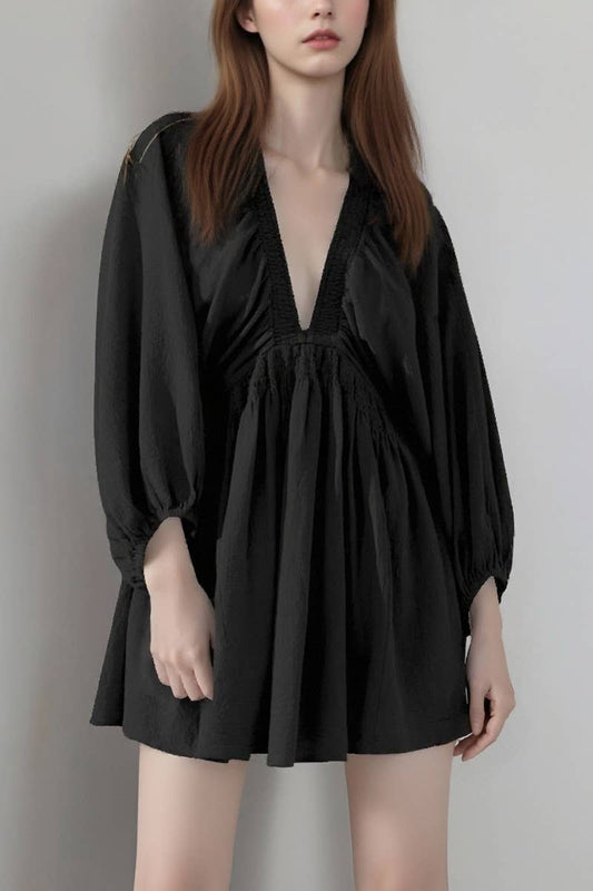 CWDSD8849_V-NECK LONG SLEEVE A-LINE PLEATED DRESS