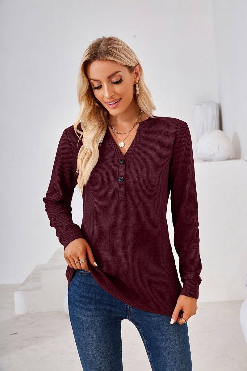 CWTBLL01312_V NECK BUTTON SOLID LONG SLEEVE LOOSE TEE