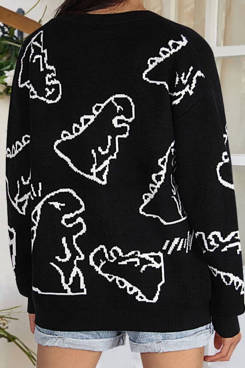 CWOCAL1574_WINTER LONGSLEEVED CARTOON DINOSAUR KNIT CARDIGAN