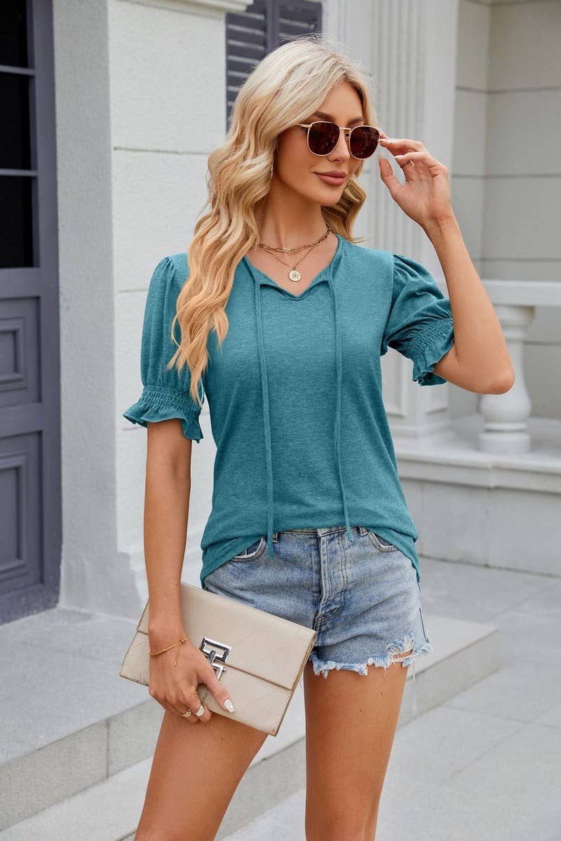 CWTTS0845_V-Neck Ruffle Short Sleeve Blouse
