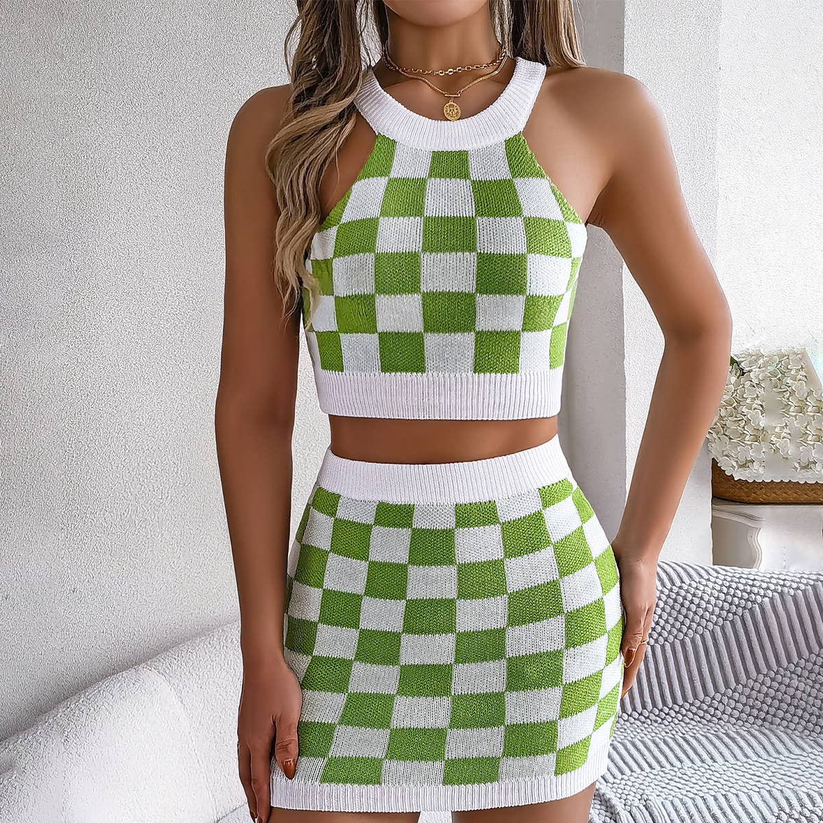 Color contrast plaid crop top wrap hip skirt suit