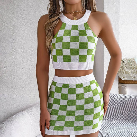 Color contrast plaid crop top wrap hip skirt suit