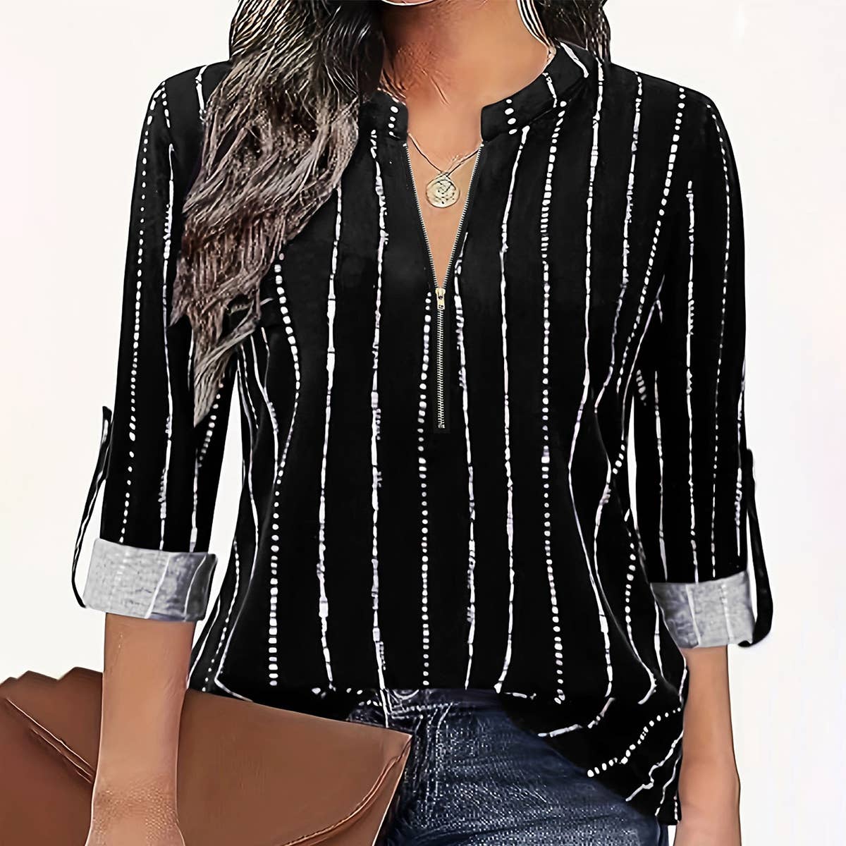 CASUAL COMMUTER STYLE ELEGANT STRIPE ZIPPER SHIRT