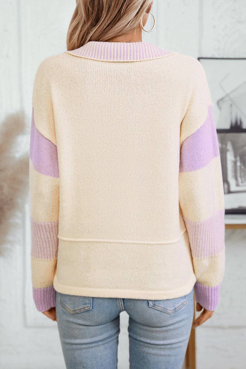 CWOSWL2868_STRIPED POLO COLLAR KNITTED SWEATER