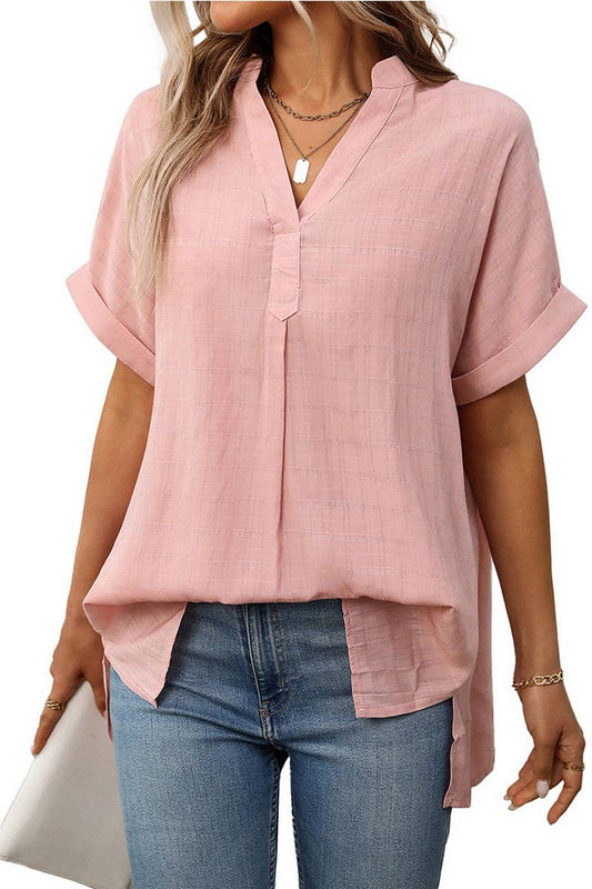 CWTBLS1720_V-NECK STRIPED LOOSE CHECK SHORT-SLEEVED SHIRT