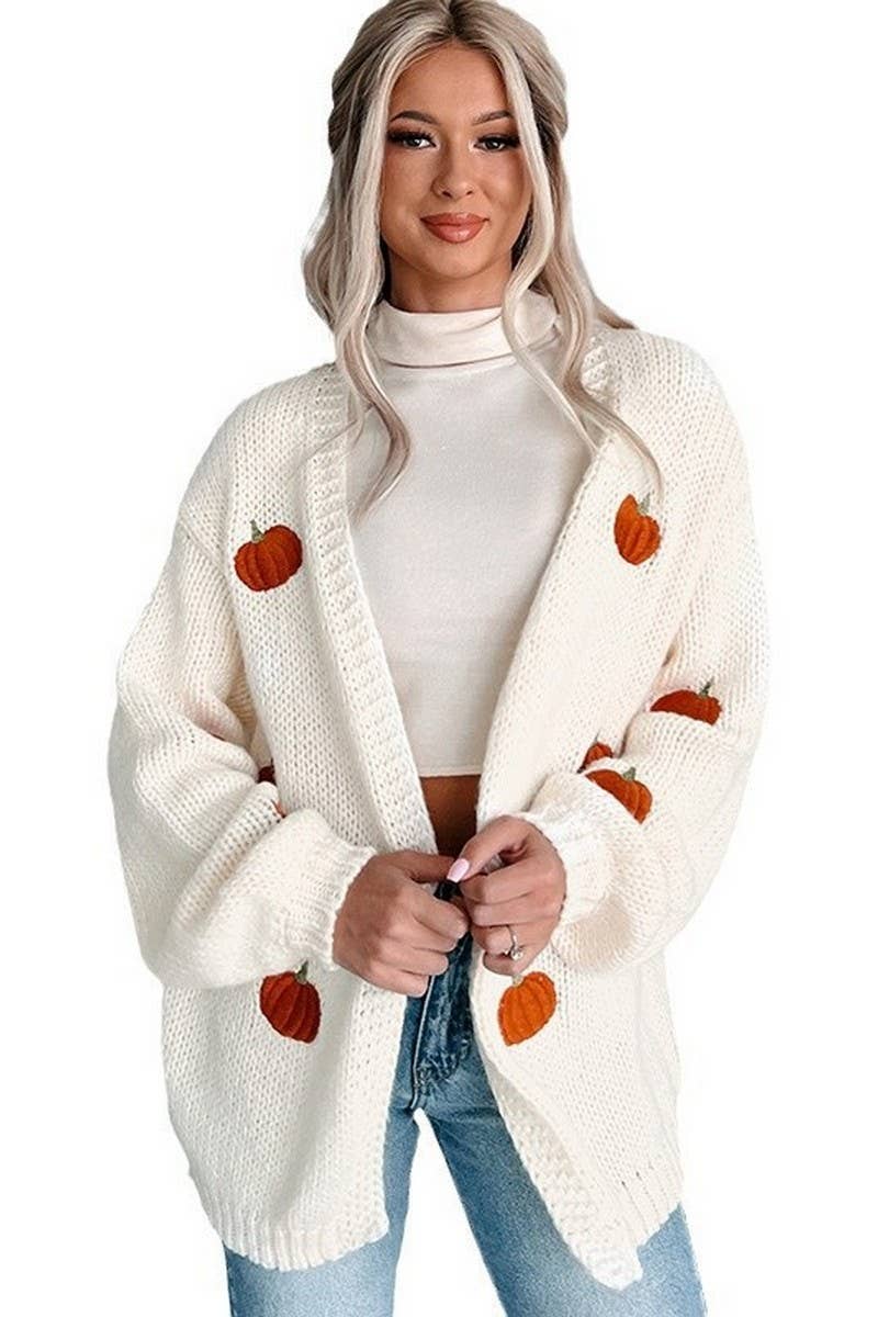 CWOSWL07740_PUMPKIN EMBROIDERED KNIT CARDIGAN SWEATER