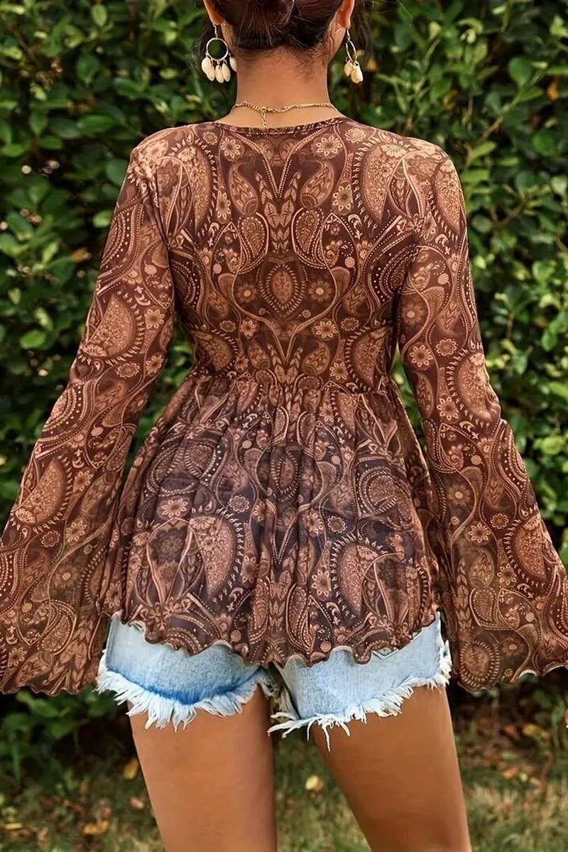 CWTBLL3892_MESH PRINT DEEP V NECK SLIM FIT LONG SLEEVE TOP