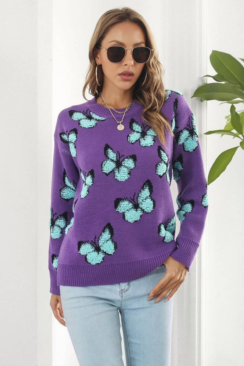 CWOSWL3964_3D BUTTERFLY JACQUARD CREWNECK KNITTED SWEATER