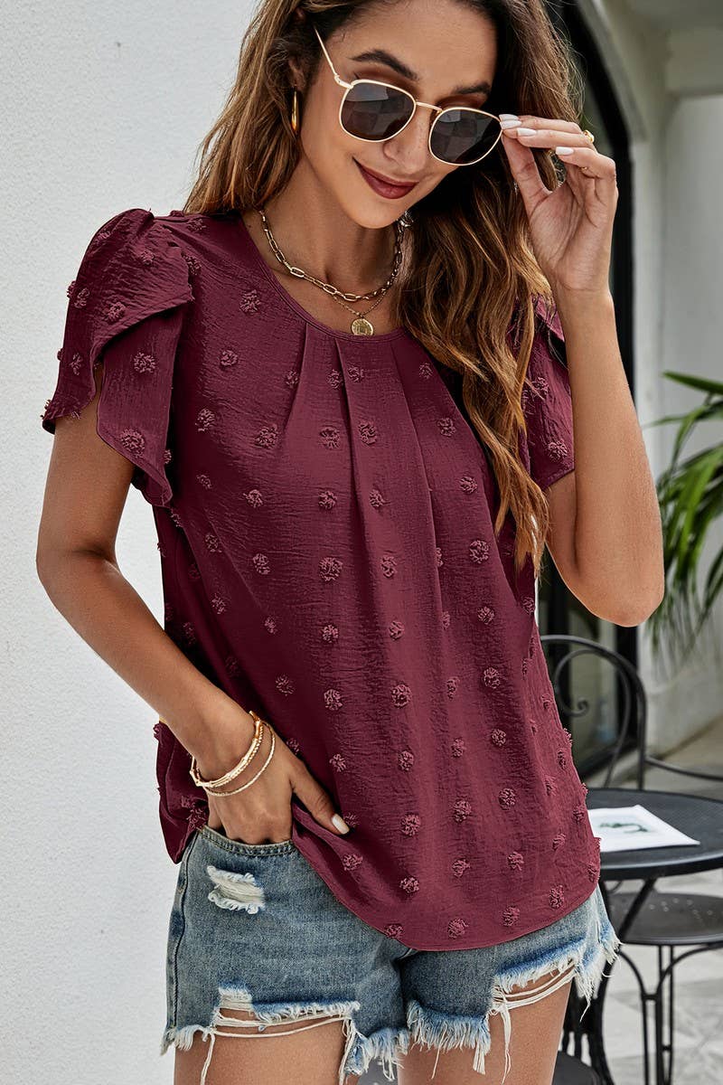 CWTBLS0342_Round neck Short Puff Sleeve Blouse