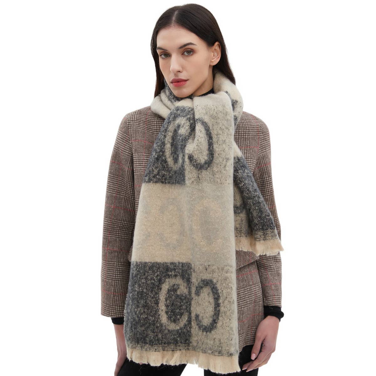 Letter Jacquard Scarf ? Winter Short Fringe Wrap