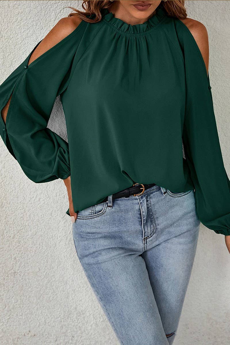 CWTBLL01082_RUFFLED STAND-UP COLLAR OFF-THE-SHOULDER TOP