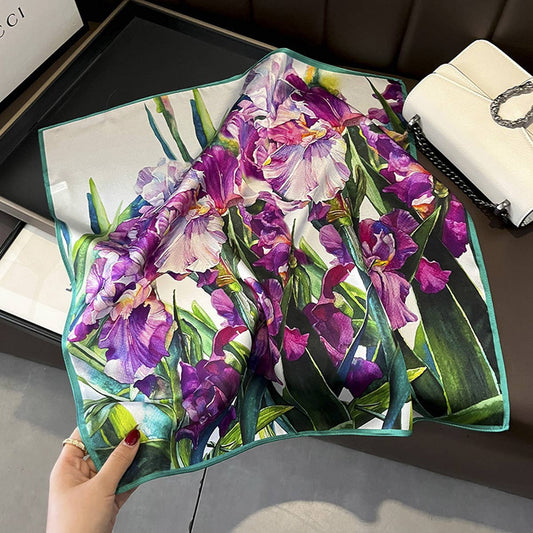 100% Mulberry Silk Purple Floral Twill Square Scar_CWASC0557