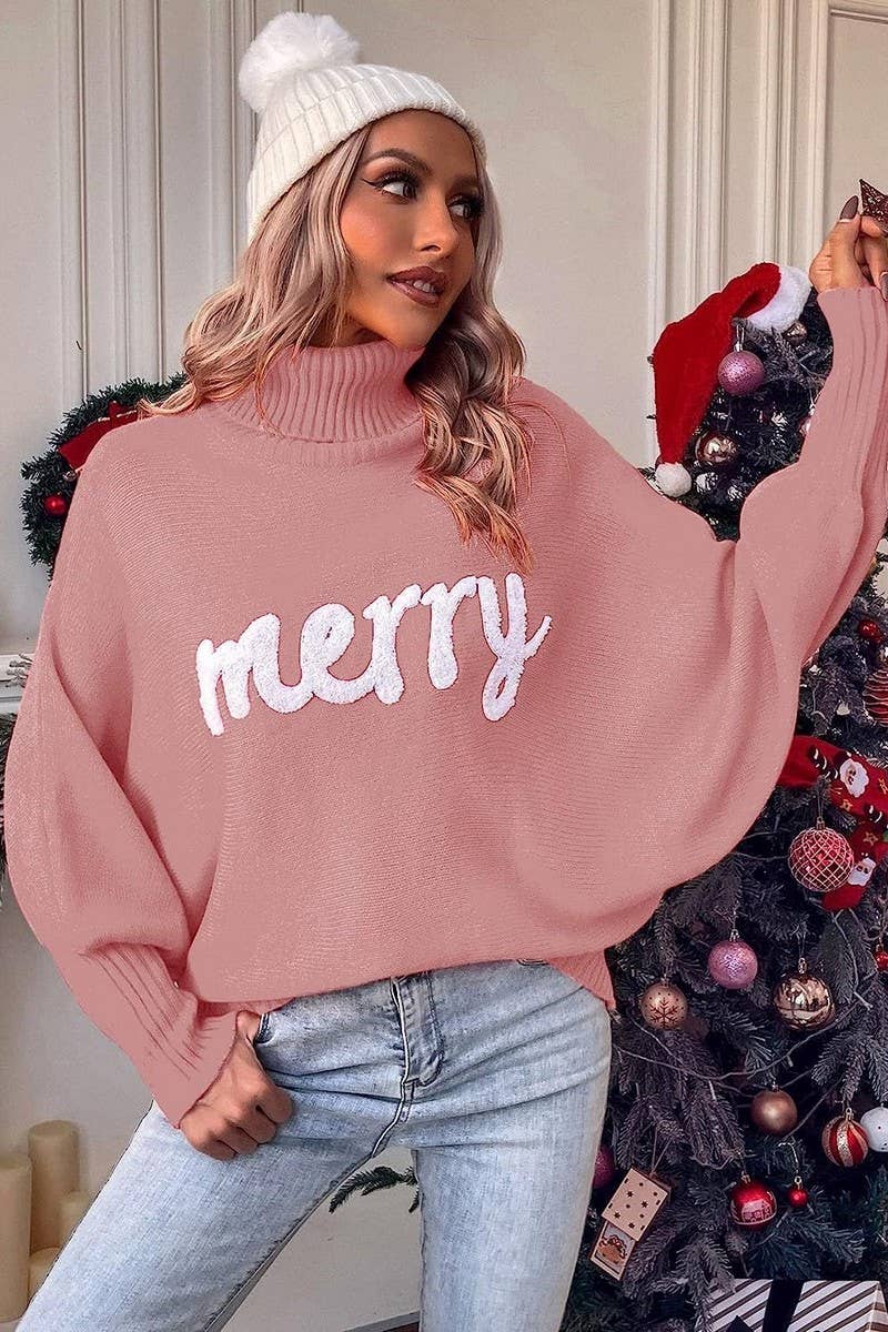 CWOSWL6261_EMBROIDERED BAT SLEEVE CHRISTMAS SWEATER