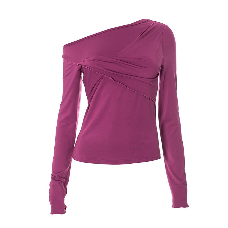 DIAGONAL NECK CROSS PLEATED SOLID COLOR TIGHT TOP