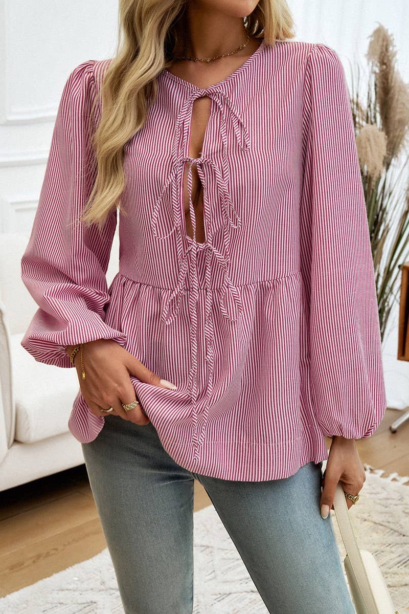 CWTSTL2742_CASUAL LOOSE STRIPED LANTERN SLEEVE TIE SHIRT