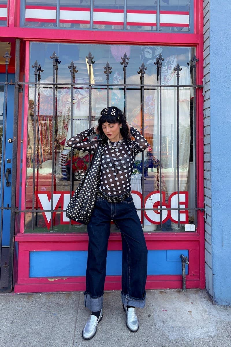 CWTBLL3959_CREW NECK LONG SLEEVE POLKA DOT MESH SHEER TOP